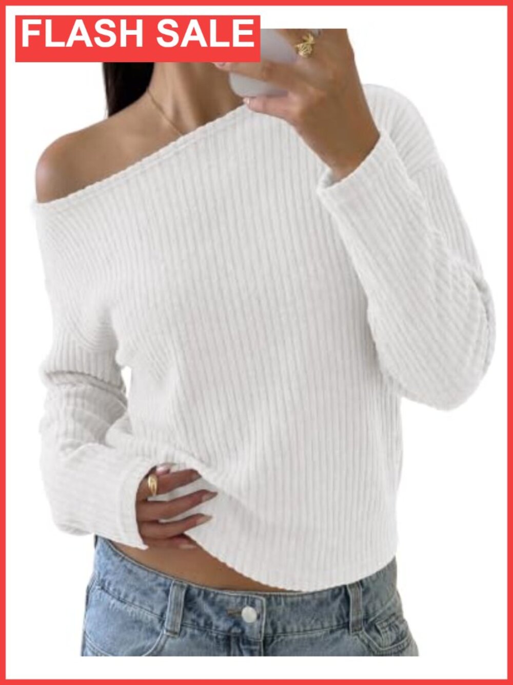 Off Shoulder Sweater Rib Knit Asymmetrical Long Sleeve Pullover Top